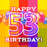 A birthday cake with lit candles is shown with colorful balloons and animated confetti.