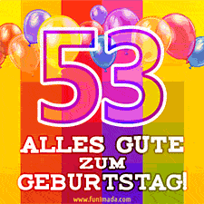 Große Zahl 35 in Umrissschrift, die Worte 'Alles Gute zum 53. Geburtstag', mehrfarbige animierte Ballons und lebendiger Hintergrund.