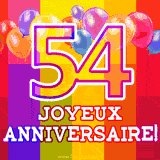 GIF animé 54 ans avec des ballons colorés, un grand chiffre 54 et 'Joyeux Anniversaire!' sur un fond éclatant.