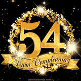 Il numero 54 è circondato da un anello dorato brillante, accompagnato da un nastro elegante con la scritta 'Buon Compleanno!' su uno sfondo scuro.