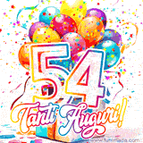 Animazione con palloncini colorati e scintillanti, accompagnata dal numero 54 in caratteri grandi e luminosi, e la scritta 'Tanti Auguri!' in stile vivace.