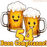 Due boccali di birra sorridenti animati, con il numero 54 e la scritta 'Buon Compleanno!' in caratteri allegri su uno sfondo bianco.