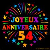 GIF animé 'Joyeux Anniversaire 54' avec des lettres colorées et des feux d'artifice éclatants