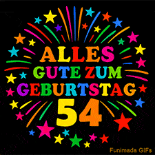 Animiertes GIF 'Alles Gute zum Geburtstag 54 mit bunten Buchstaben und leuchtenden Sternen