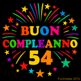 GIF animata 'Buon Compleanno 54' con lettere colorate e fuochi d'artificio