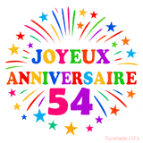 GIF animé joyeux anniversaire 54 ans avec étoiles multicolores et feu d’artifice