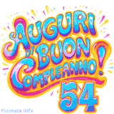 GIF animata con la scritta 'Auguri di Buon Compleanno 54' in colori vivaci e stile artistico festoso.