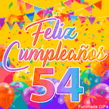 Un GIF animado para un 54º cumpleaños, Muestra el texto 'Feliz Cumpleaños 54' sobre un fondo amarillo vibrante con globos de colores, banderines y una lluvia de confeti.