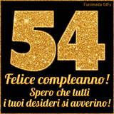 Un GIF animato per un 54° compleanno, Presenta il testo 'Buon Compleanno 54' su uno sfondo giallo vivo con palloncini colorati, festoni e una pioggia di coriandoli.