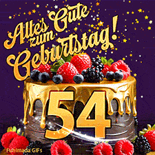 Eine köstlich aussehende animierte Geburtstagskarte für den 54. Geburtstag, dekoriert mit Erdbeeren, Blaubeeren und goldenen Details, Sterne funkeln und fallen, mit 'Alles Gute zum Geburtstag!'-Text.