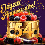 Une animation de célébration d'un gâteau de 54ème anniversaire, Des étoiles dorées tombent du ciel, mettant en valeur le texte 'Joyeux Anniversaire !' et le nombre doré 54 à l'avant du gâteau.