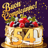 Un GIF animato di una bellissima torta per il 54° compleanno con glassa dorata e frutti di bosco freschi, Il numero dorato 54 è davanti, e stelle cadono su uno sfondo viola scuro.