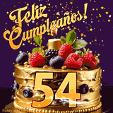 Una animación de celebración de una tarta para el 54º cumpleaños, Estrellas doradas caen del cielo, destacando el texto '¡Feliz Cumpleaños!' y el número dorado 54 en la tarta.