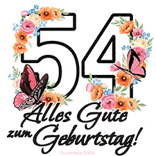 Ein florales GIF zum 54. Geburtstag. Die Zahl '54' ist von animierten Blumen und Schmetterlingen umgeben und bietet eine schöne und fröhliche Art, den Meilenstein zu feiern.