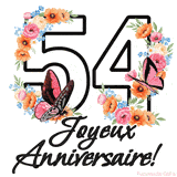 Ce GIF de Joyeux 54ème Anniversaire présente le nombre vingt rempli d'un bouquet vibrant de fleurs animées, avec des papillons qui bougent doucement sur un fond blanc.