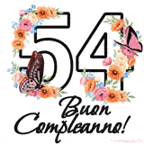 Questo GIF di Buon 54° Compleanno mostra il numero venti riempito con un vibrante bouquet di fiori animati, con farfalle che si muovono dolcemente su uno sfondo bianco.