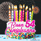 Buon compleanno 54 anni in questa GIF festosa con torta bianca, zuccherini e luci di fuochi d'artificio animate in loop.