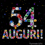 Il numero 54 e la scritta Auguri creati con gioielli brillanti di diverse tonalità su un fondo nero animato da piccole scintille di luce.