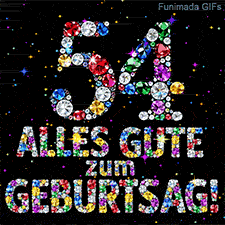 Auf dunklem Grund erstrahlen die Zahl 54 und Alles Gute zum Geburtstag, geformt aus bunten Diamanten inmitten von glitzernden Funken.