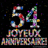 Le chiffre 54 et le lettrage Joyeux Anniversaire réalisés en joyaux éclatants de diverses couleurs sur une toile noire avec des étincelles.