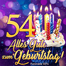 Törtchen mit weißer Creme und leuchtenden Geburtstagskerzen neben der goldenen 54. Darunter steht ein goldener Glückwunsch auf lila Hintergrund.