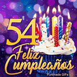 GIF de 54 años cumpleaños con un dulce pastelito, velas relucientes y el número 54 dorado sobre fondo bokeh violeta.