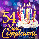 GIF di 54 anni compleanno con un dolce tortino, candeline risplendenti e il numero 54 dorato su sfondo bokeh viola.