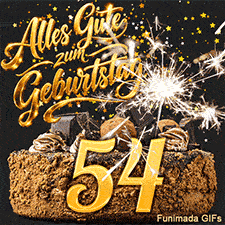 Goldsterne regnen auf einen Schokoladenkuchen mit der Zahl 54 herab. Im Zentrum sprüht eine Wunderkerze neben dem goldenen Glückwunsch.
