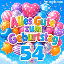 Bunte gemusterte Luftballons treiben in den Himmel und buchstabieren Alles Gute zum Geburtstag. Unten ist eine markante blaue Ziffer 54 befestigt.