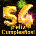 ¡Muy felices 54 años! GIF de texto dorado y fuegos artificiales.