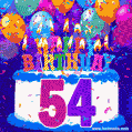54th Birthday Cake gif: colorful candles, balloons, confetti and number 54