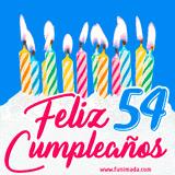 Animación de un pastel decorado con velas coloridas y encendidas, el número 54 destacado en azul y la frase 'Feliz cumpleaños' en letras estilizadas.