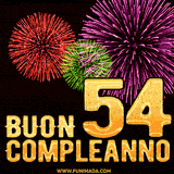 Animazione di fuochi d'artificio colorati con il numero 54 in oro brillante e la scritta 'Buon Compleanno' su uno sfondo nero festivo ed elegante.