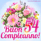 Bouquet animato con rose rosa, margherite e altri fiori colorati, con il numero 54 e la scritta 'Buon Compleanno!' in stile elegante e luminoso.