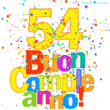 Animazione con il numero 54 in giallo e scritte multicolore 'Buon Compleanno!', accompagnate da una pioggia di stelle e coriandoli colorati.