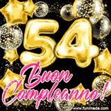 Animazione con palloncini dorati a forma del numero 54, circondati da decorazioni scintillanti e la scritta 'Buon Compleanno!' in caratteri rosa accattivanti.