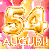 Bouquet animato di palloncini multicolori che emergono da una scatola regalo, con il numero 54 e la scritta 'Tanti Auguri!' su uno sfondo pieno di coriandoli.