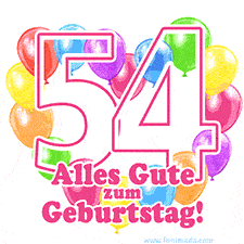 Ein verspieltes animiertes Geburtstags-GIF mit bunten Ballons in Herzform und der Zahl 54.