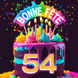 GIF animé pour un 54e anniversaire avec un gâteau au chocolat recouvert de glaçage arc-en-ciel, des bougies allumées, et le texte 'Bonne Fête' sur un fond étoilé et festif.
