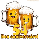 GIF animé humoristique pour un 54e anniversaire avec deux chopes de bière rigolotes, le chiffre 54 et le message 'Bon anniversaire!' sur un fond festif.