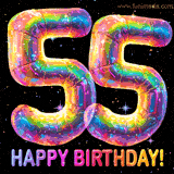 Shiny number 55 birthday celebration balloons with an iridescent glow and glitter on a black background with twinkling stars.