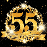 Il numero 55 è circondato da un anello dorato brillante, accompagnato da un nastro elegante con la scritta 'Buon Compleanno!' su uno sfondo scuro.