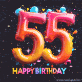A vibrant age-specific birthday short animation displays the number '55' in shiny balloon-like letters with the words 'Happy Birthday' underneath. The dark background is punctuated with festive stars and balloons.