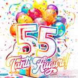 Animazione con palloncini colorati e scintillanti, accompagnata dal numero 55 in caratteri grandi e luminosi, e la scritta 'Tanti Auguri!' in stile vivace.