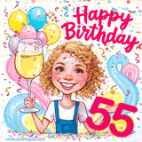 An animated birthday GIF featuring a smiling cartoon woman holding a glass of wine. Text reads 'Happy Birthday 55' surrounded by colorful balloons and confetti.