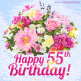 Happy 55th Birthday Greeting Card - Beautiful Flowers and Flashing Sparkles