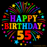 A birthday cake with lit candles is shown with colorful balloons and animated confetti.