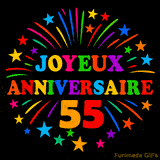GIF animé 'Joyeux Anniversaire 55' avec des lettres colorées et des feux d'artifice éclatants