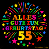 Animiertes GIF 'Alles Gute zum Geburtstag 55 mit bunten Buchstaben und leuchtenden Sternen