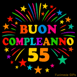 GIF animata 'Buon Compleanno 55' con lettere colorate e fuochi d'artificio